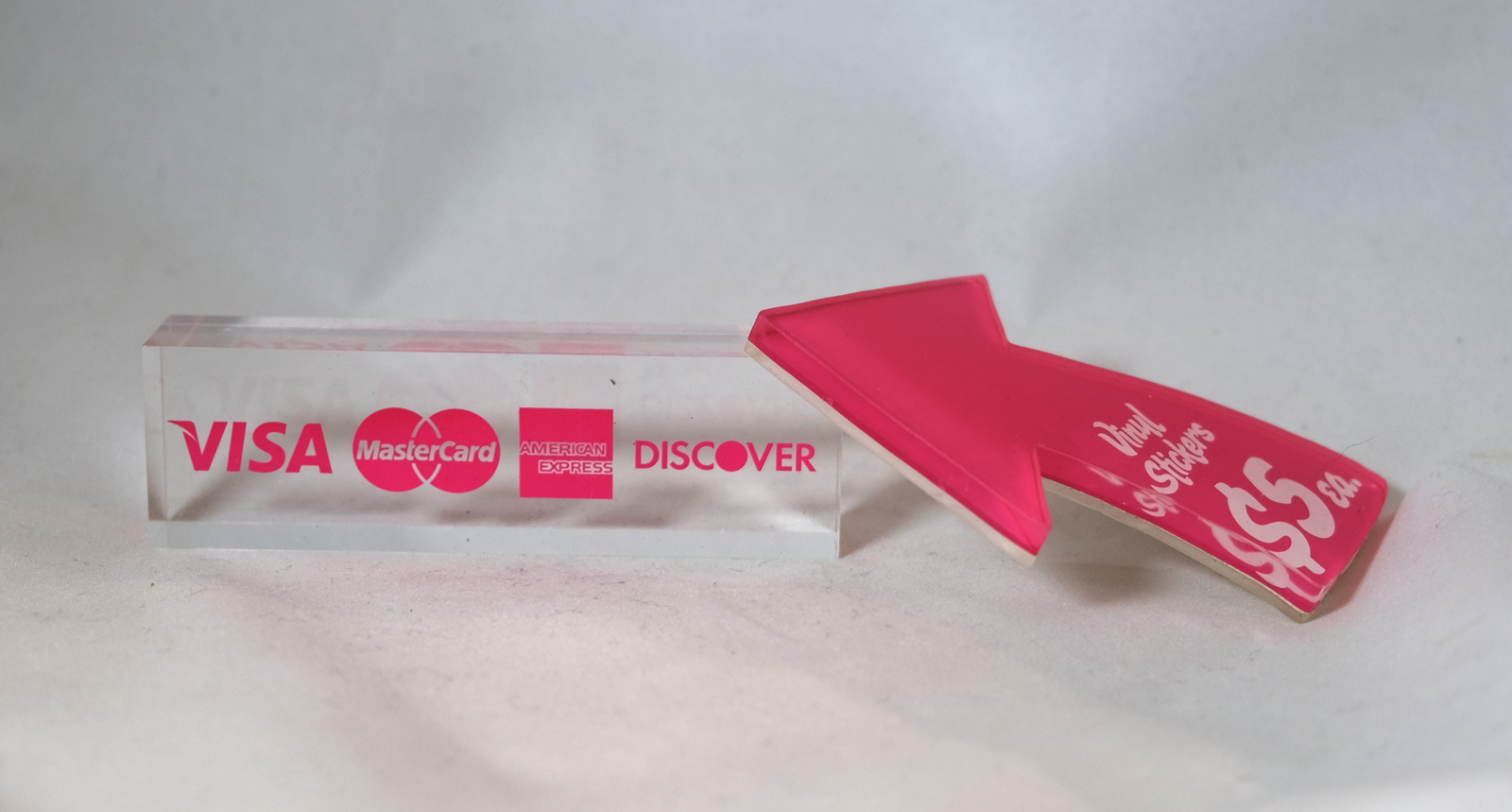 Acrylic signage (Credit cards and vinyl stickers)